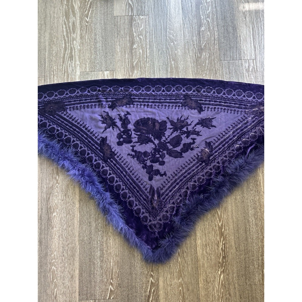Vintage Y2K Sheer Purple Silk Blend Floral Feather Trim Shawl Fairy Whimsigoth